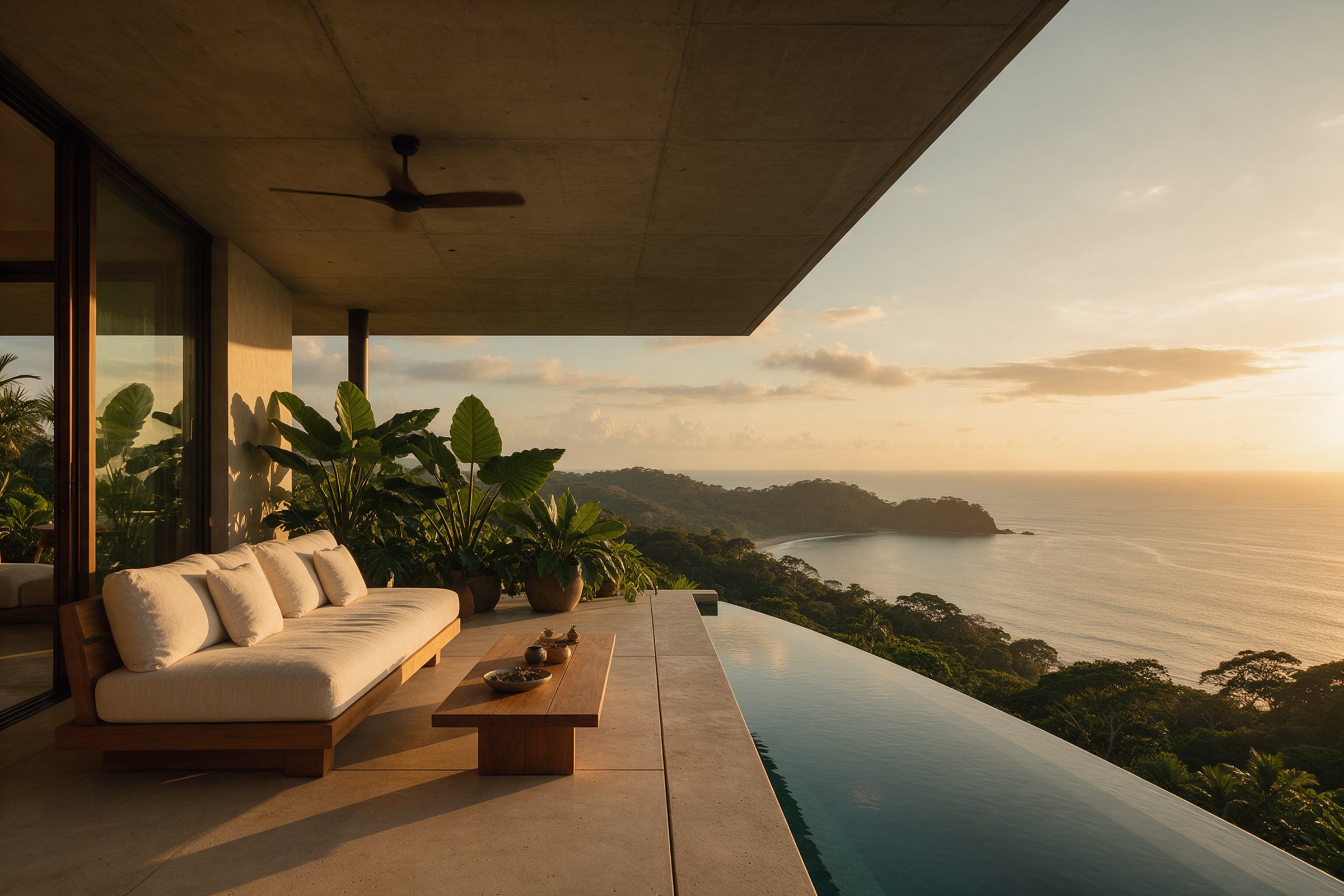 Terraza de arquitectura contemporánea con vista al mar