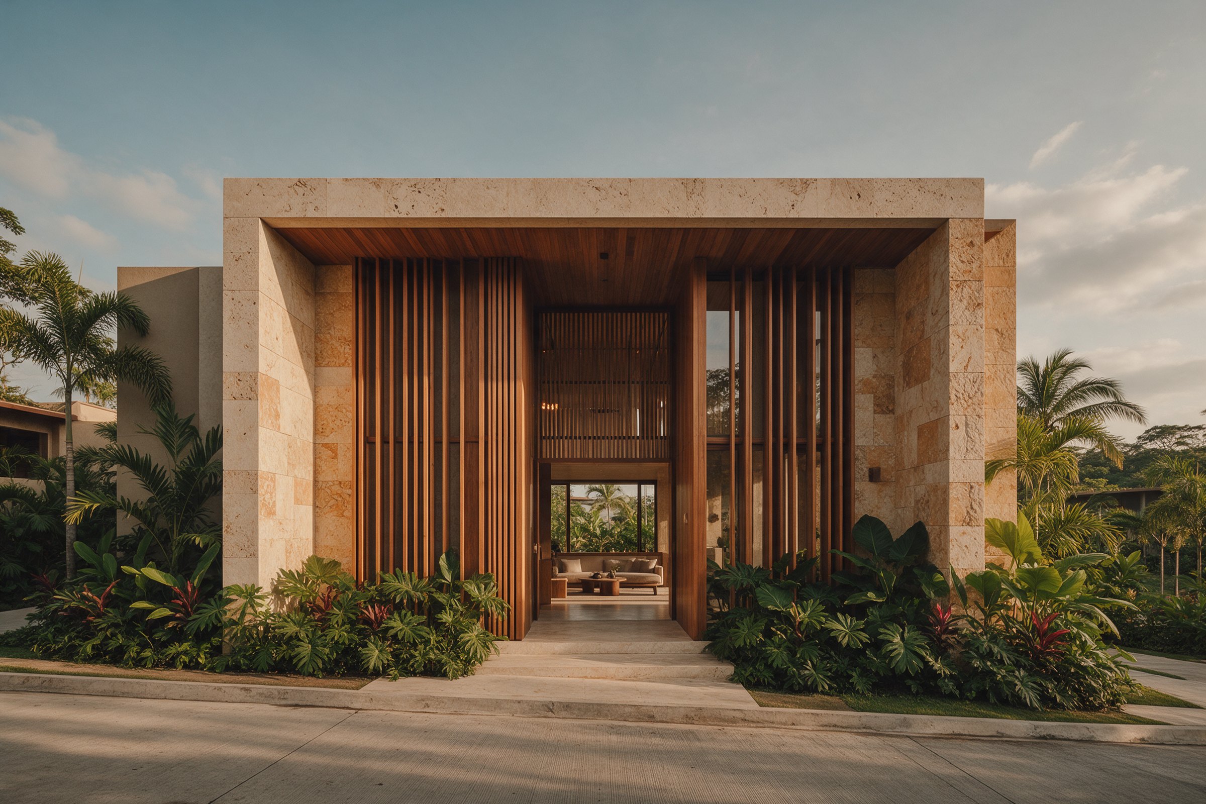Detalle arquitectónico en piedra y madera entre vegetación