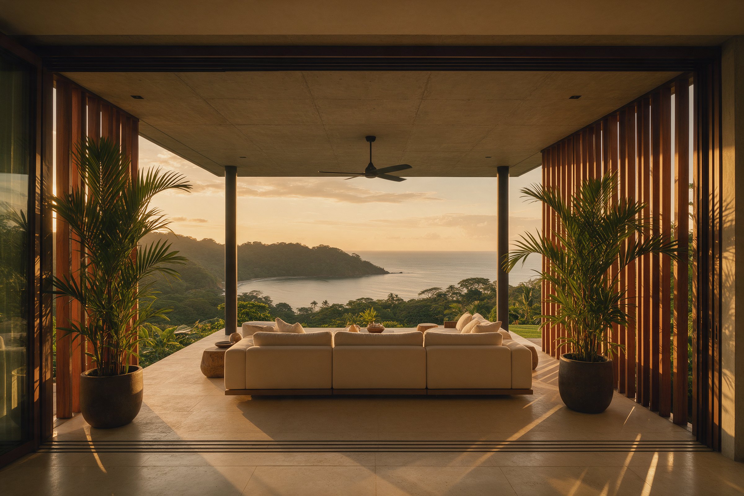 Terraza cubierta con vista a la costa al atardecer