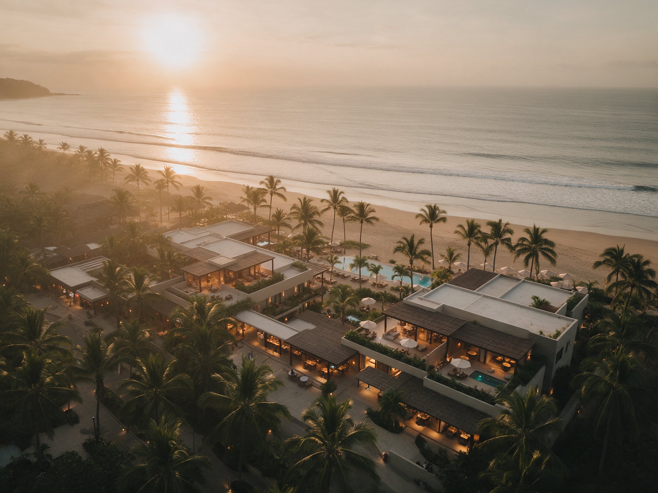 Resort frente a la playa al atardecer